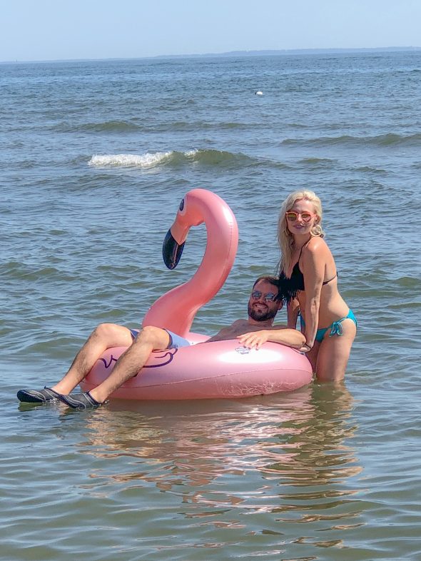 Pink flamingo float in Long Island Sound