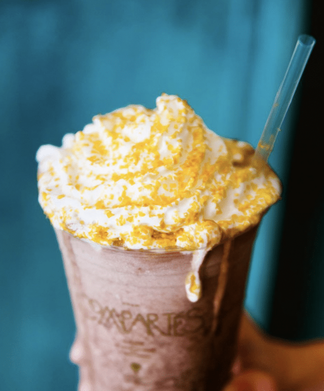 Frozen hot chocolate with edible gold from Compartes Chocolatier