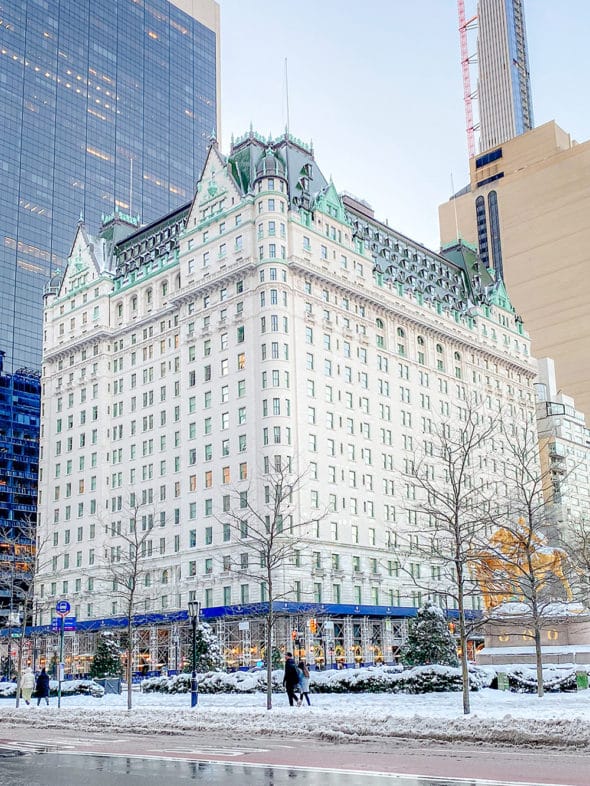 NYC At Christmastime: The Plaza Hotel covered in snow