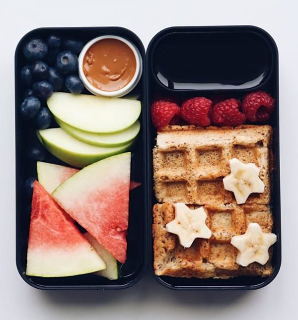 Breakfast Waffle Bento Box with Maple Syrup, Fruit, and Almond Butter