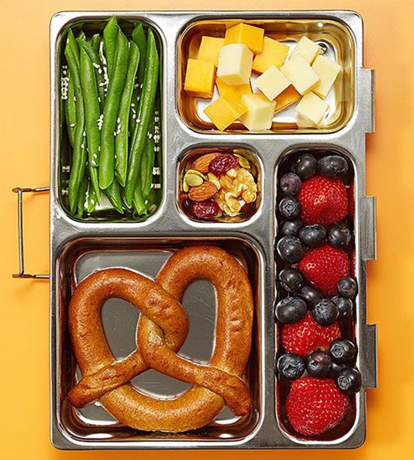 Pretzel Lunch Box with Cheese Cubes, Fruits & Nuts, and Veggies
