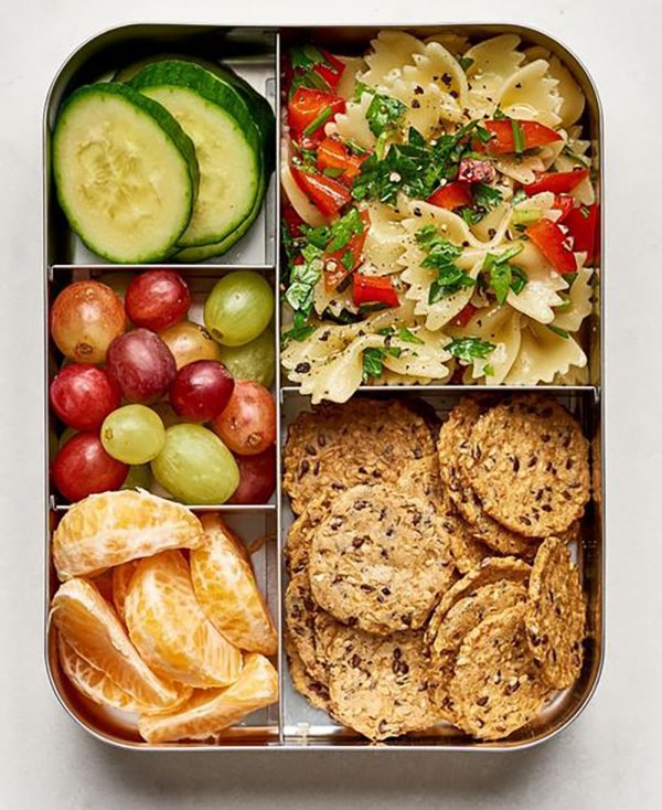 Bowtie Pasta Salad Picnic Lunch with Crackers, Fruit, and Veggies